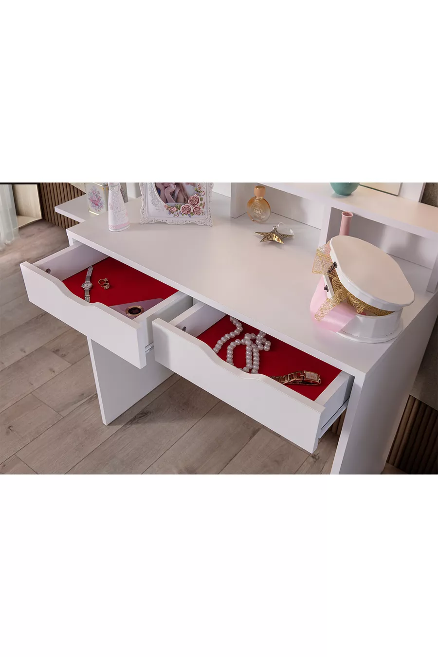 Coiffeuse Diva Hollywood avec miroir éclairé à LED, tiroir, table de maquillage de coulisse et étagère murale, blanche