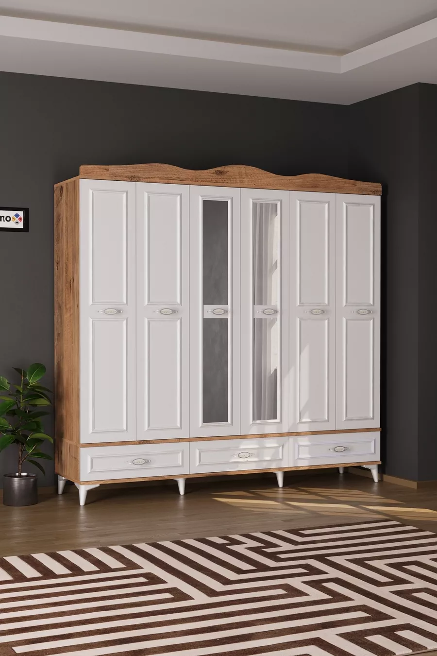 Armoire Luna 6 avec miroir, 3 tiroirs, couverture à 6 portes, en pin Atlantique