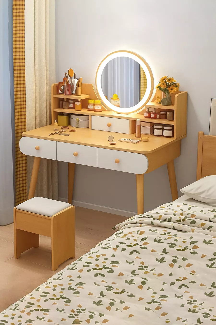 Specchio con luce LED Aura di qualità prima classe (% MDF), moderno trucco/tavolo da toletta (QUERCIA)