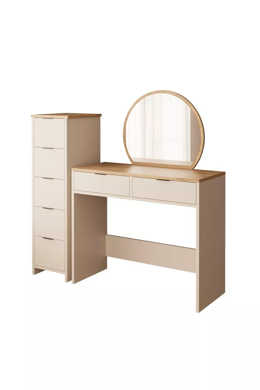 Ensemble de coiffeuse Flora avec miroir, 2+5 tiroirs, organisateur de bijoux et panier couleur sable
