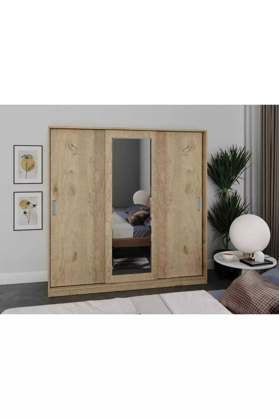 Armadio con Specchio Scorrevole a 3 Ante Samira - Interamente in MDF Rovere