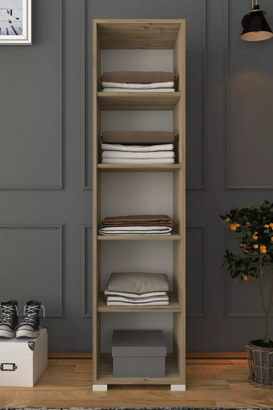 Nisan  cm Lichtnotenhouten-witte 5-planken voorraadkast met enkele deur voor badkamer en kledingkast - Garderobekast