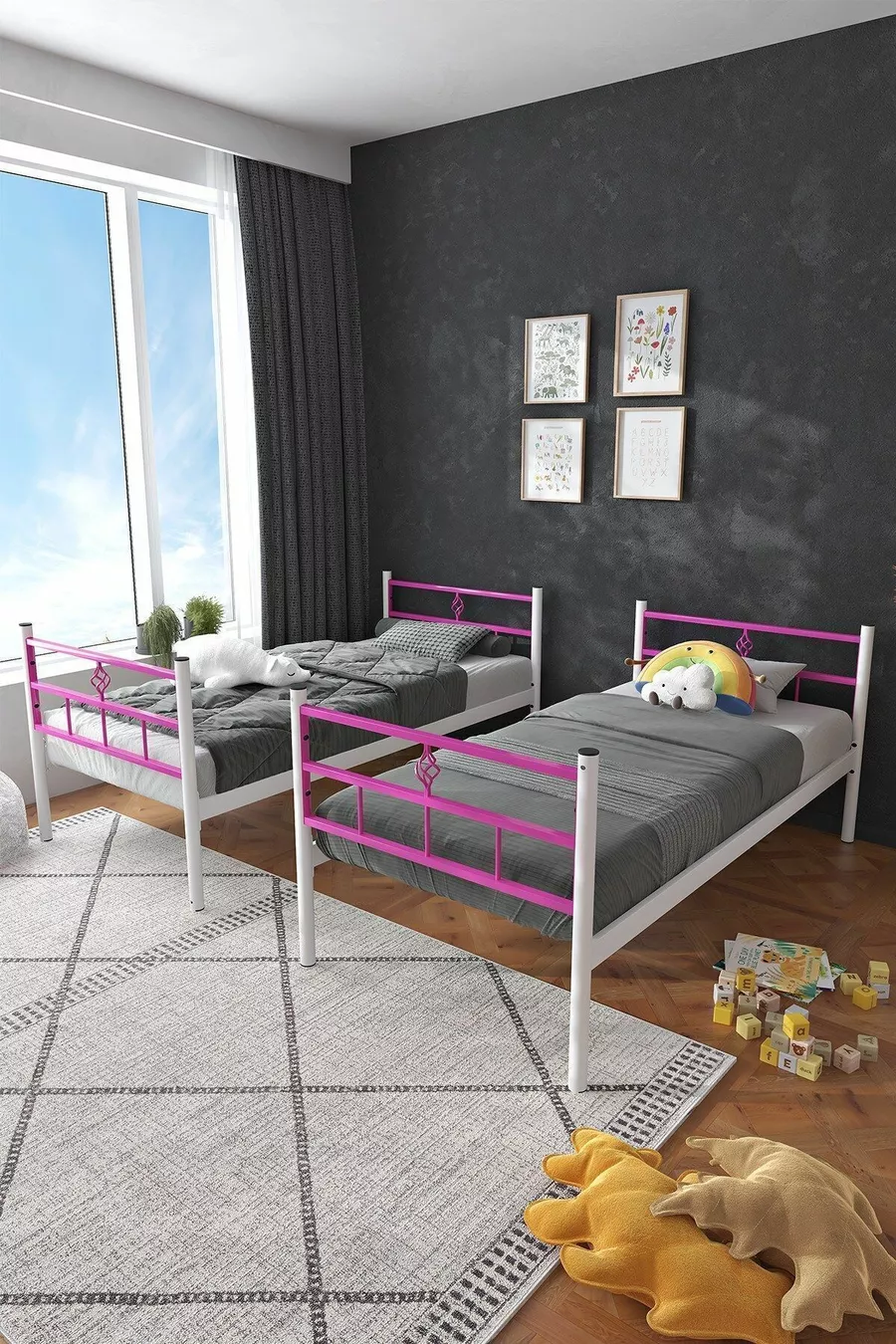 Letto a Castello Koza Ranza Compatibile con Materasso Rosa Scuro con Rete Metallica Separabile