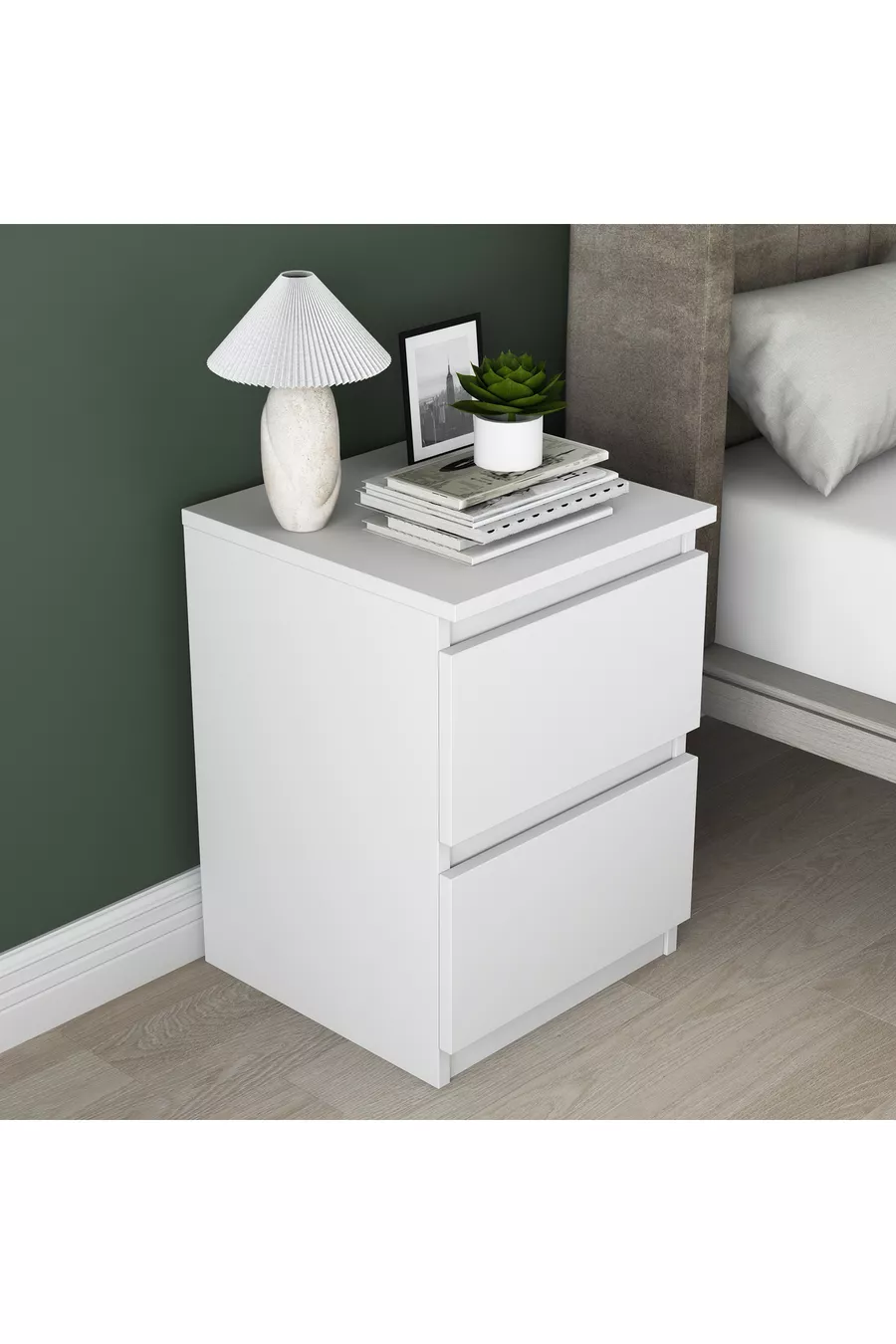 Table de chevet Rani pour chambre à coucher avec 2 tiroirs, blanche