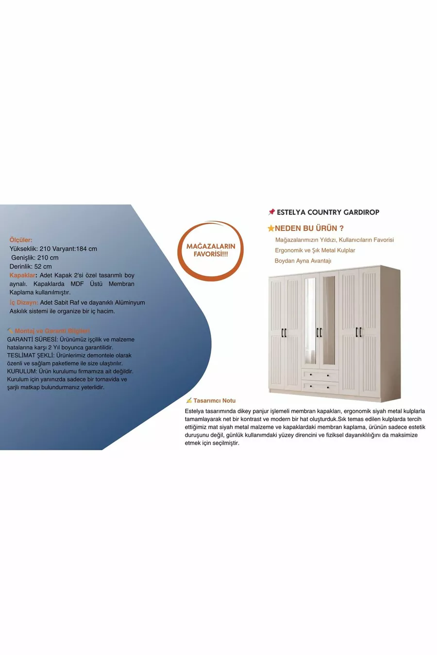 Armoire Estelya Country 6 portes 2 tiroirs