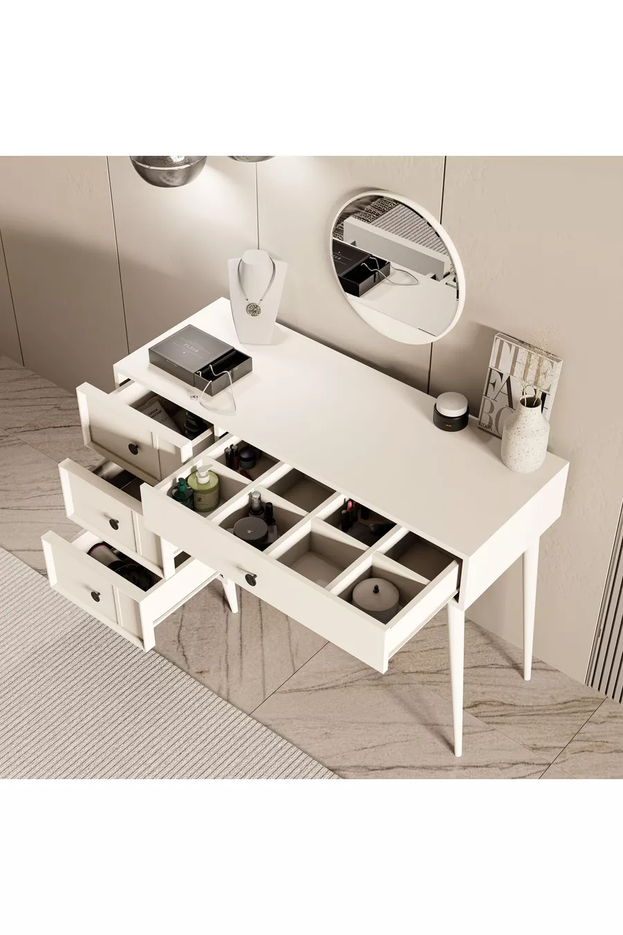 TOELETT ROSE CON SPECCHIO (CON GAMBE IN LEGNO) CON STRUTTURA IN MDF E 4 CASSETTI, COLORE BIANCO