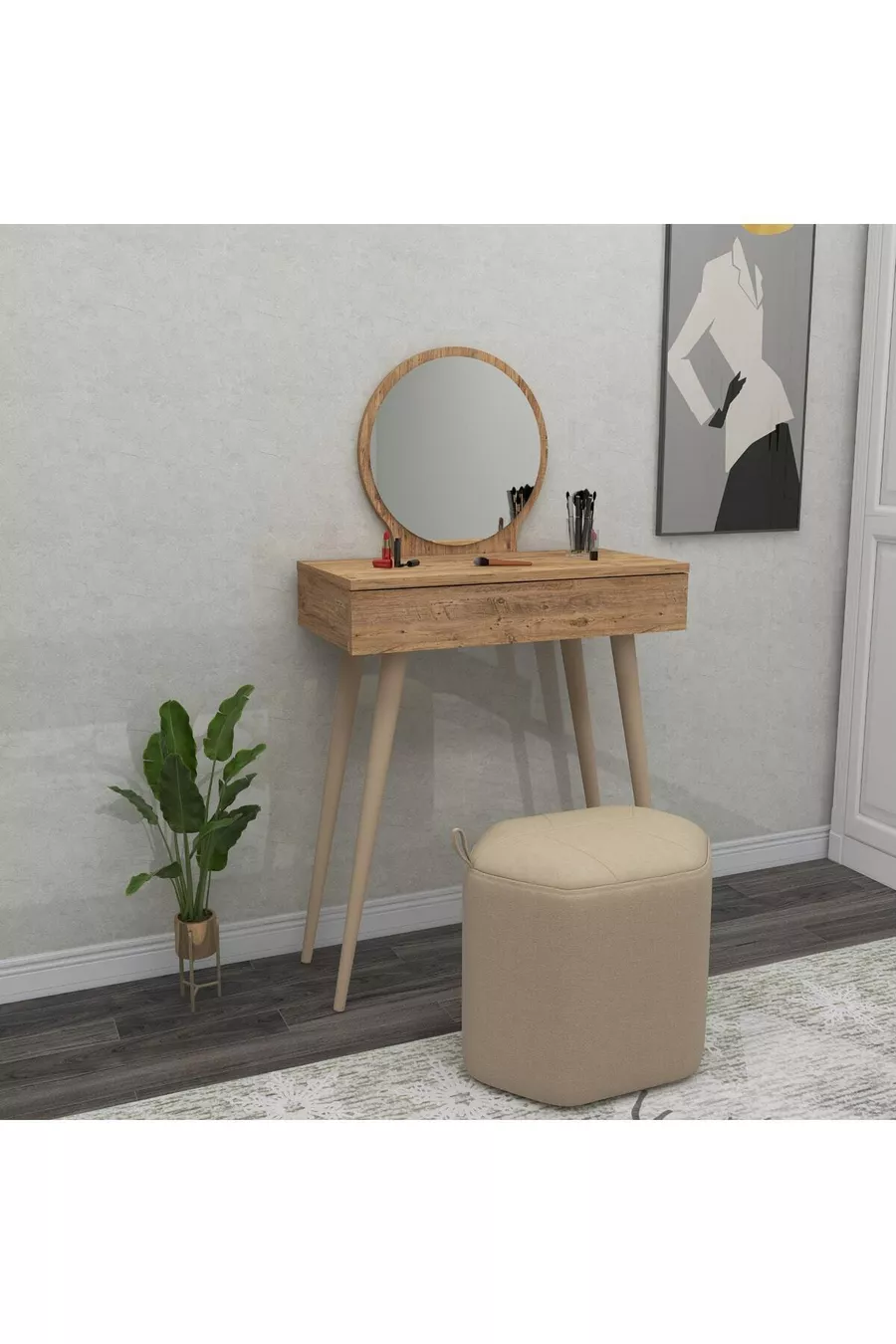 Coiffeuse avec miroir et tiroirs Siena sur pieds en bois, pin Atlantique - Siena