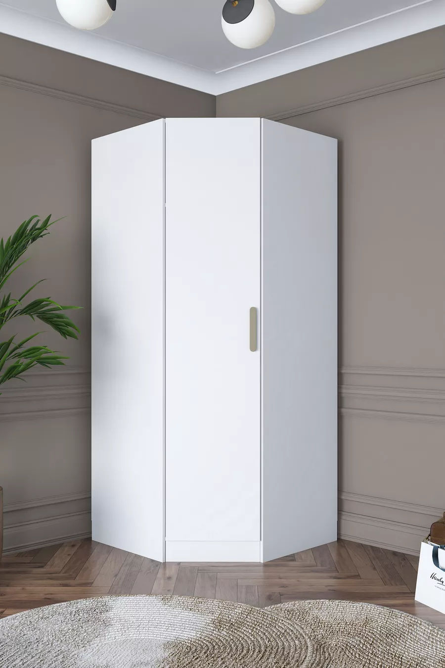 Rani  Eckmodul-Kleiderschrank mit 1 Tür, 6 Regalen und Kleiderstange, Ergänzendes Eckelement, Weiß