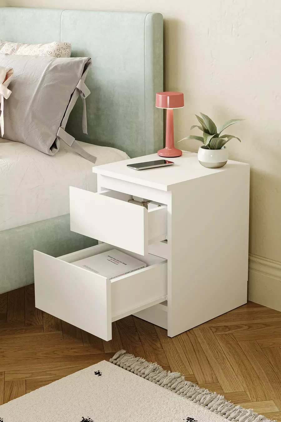 Table de chevet Derinkuyu à 2 tiroirs pour chambre à coucher, chambre de bébé, chambre d'adolescent, blanc
