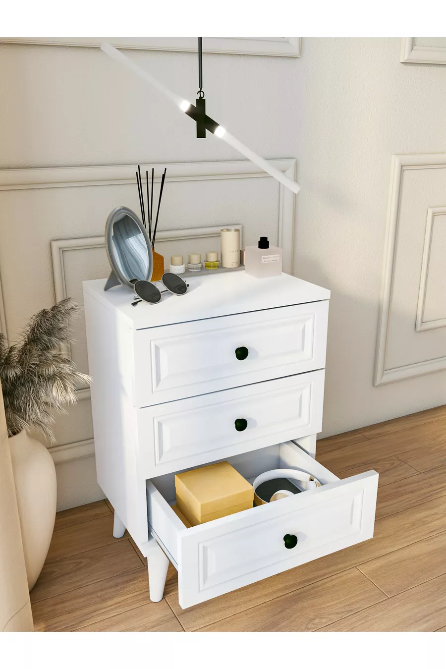 Table de chevet blanche brillante à 3 tiroirs de style campagne pour chambre à coucher