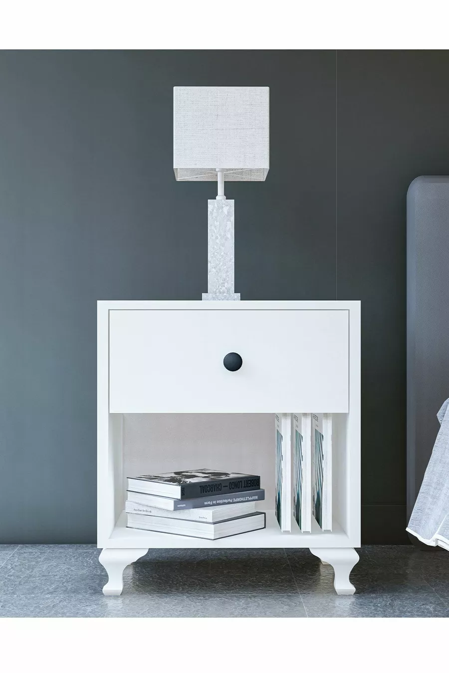 Table de chevet blanche avec poignée bouton