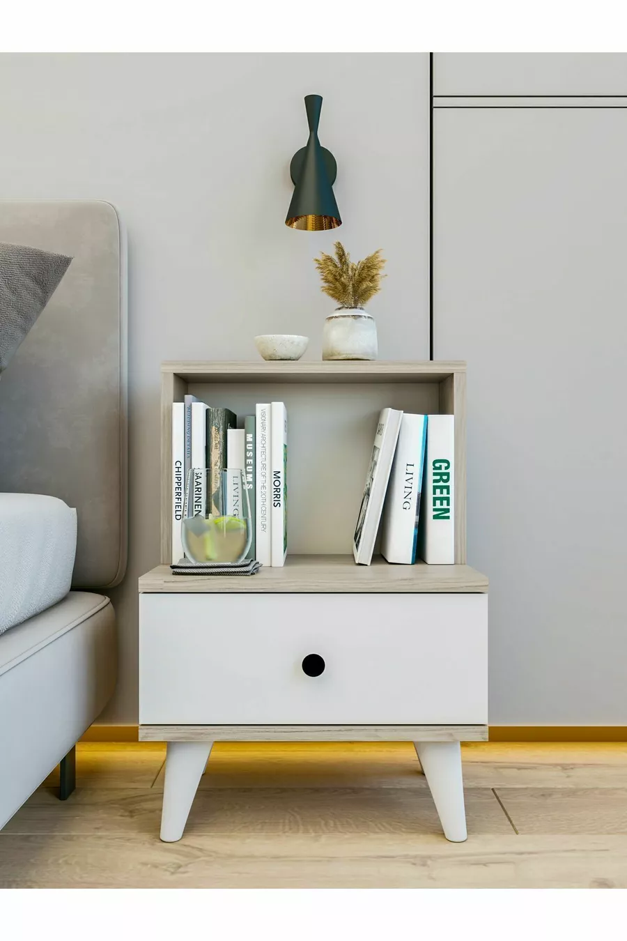 Table de chevet blanc brillant Cordoba avec tiroir et étagère pour chambre à coucher