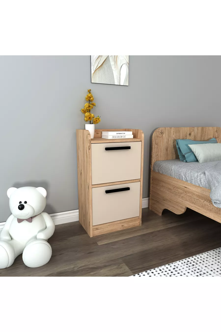 Table de chevet moderne pour chambre d'adolescent à 2 tiroirs Luses, pin de l'Atlantique beige - Luses
