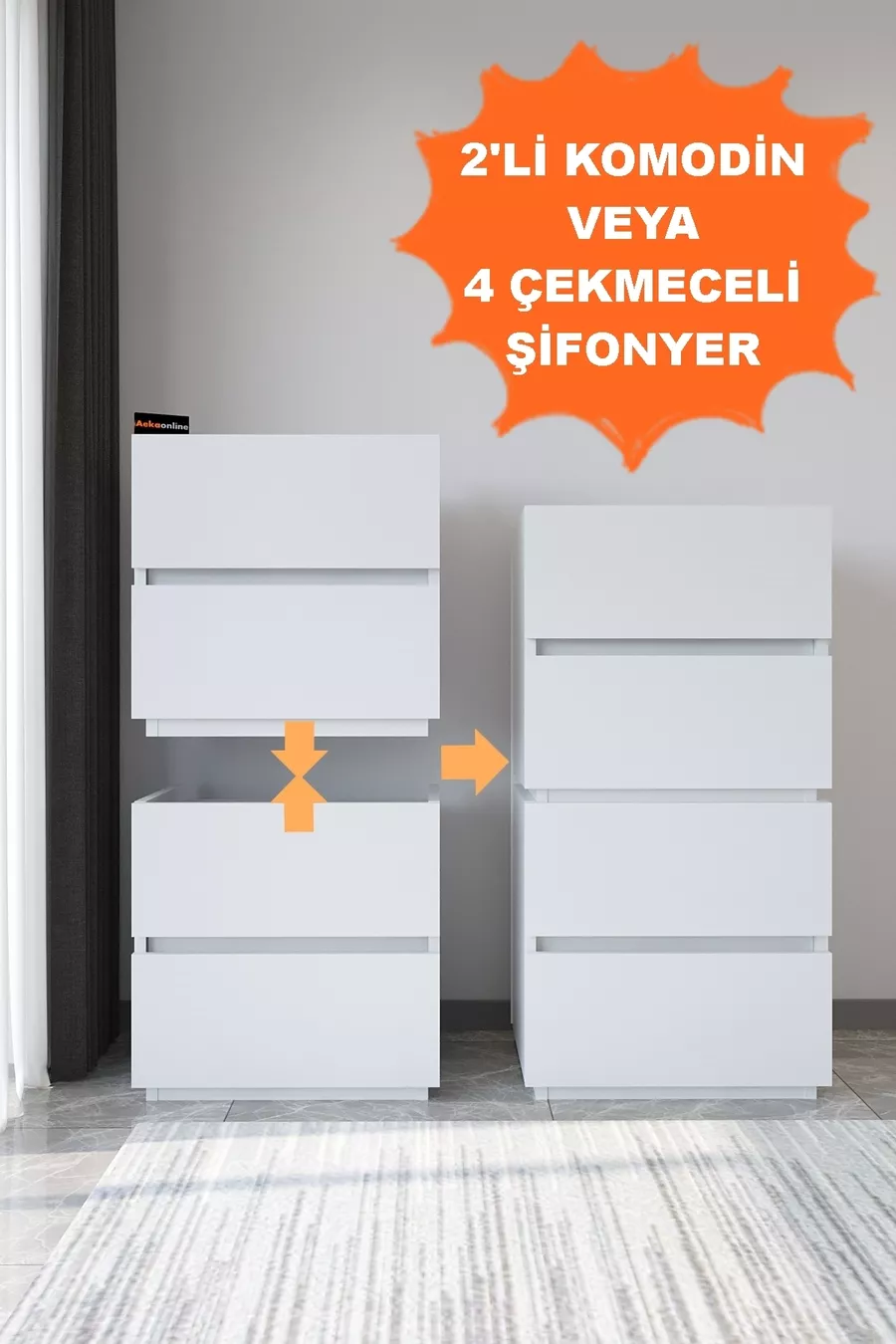 Commode blanche à 4 tiroirs Galata en cuir verni pour chambre à coucher ou chambre de bébé