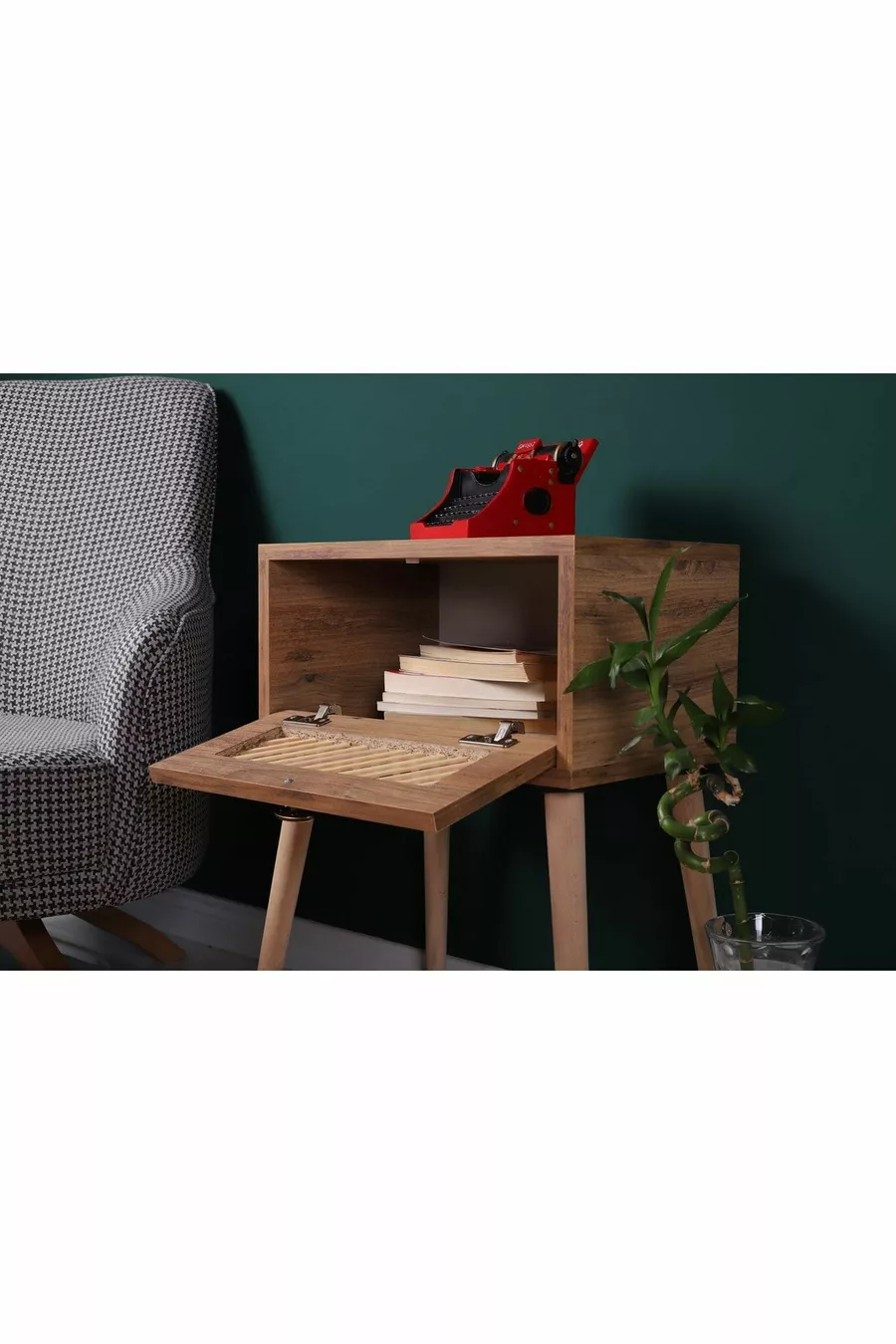 Nachtkastje met deksel voor naast het bed, nachtkastje met dennenhouten frame