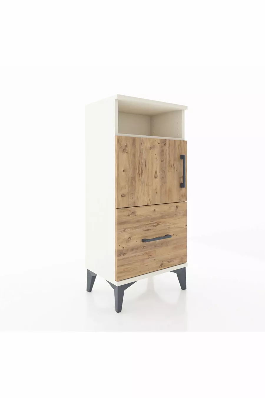 Chevet Arges avec 2 étagères, 1 tiroir et 2 portes, coloris Pierre de Lune-Pin