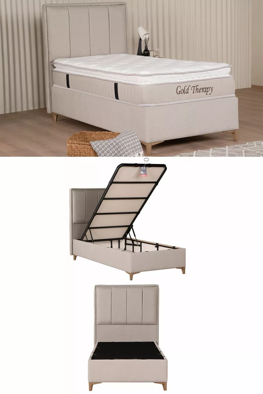 Lit coffre Gold Therapy Beige (TÊTE DE LIT ET MATELAS NON INCLUS)
