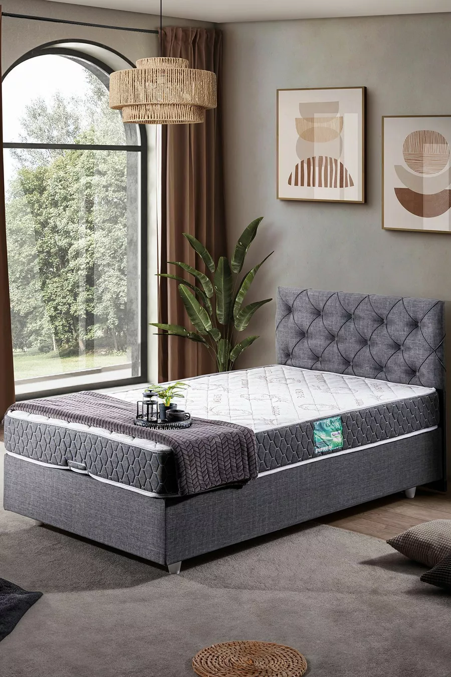 Ensemble de lit Comfort avec sommier et tête de lit simple Eylül, gris