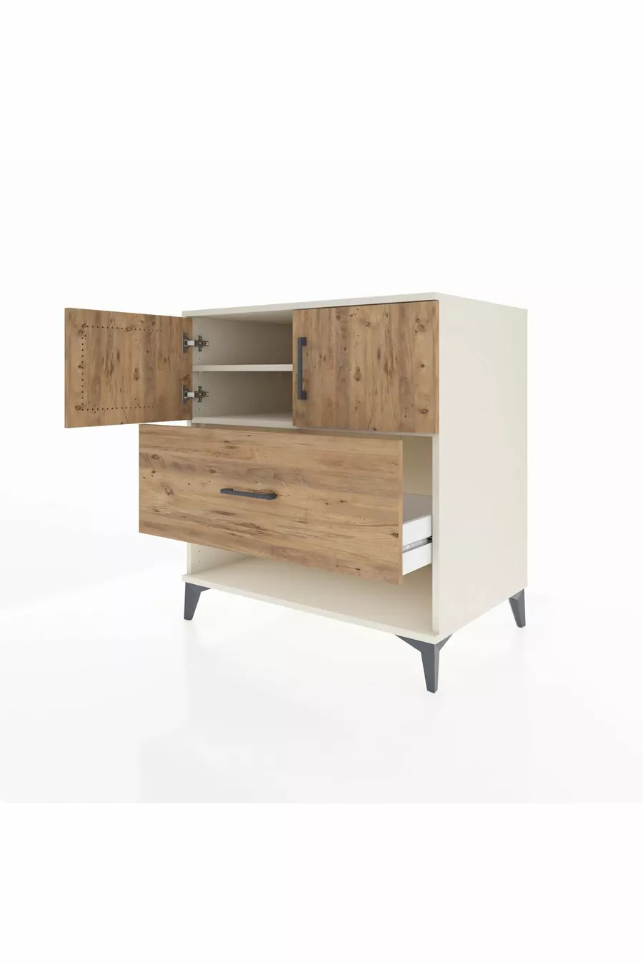 Commode Kronos avec 2 étagères, 1 tiroir et 2 portes, Pierre de Lune-Sapin