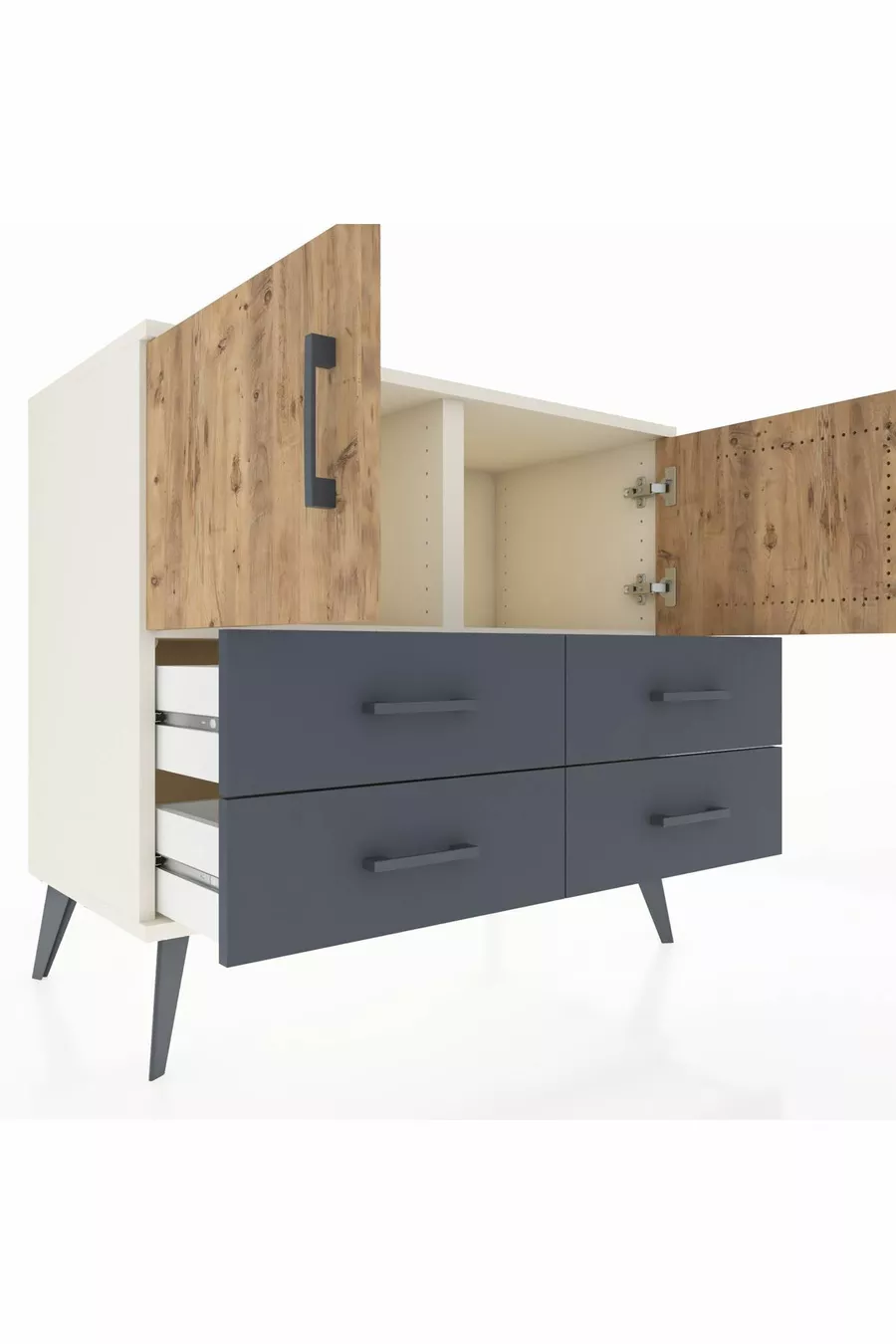 Commode Hyperion 2 étagères 4 tiroirs 2 portes Pierre de Lune-Sapin/Anthracite
