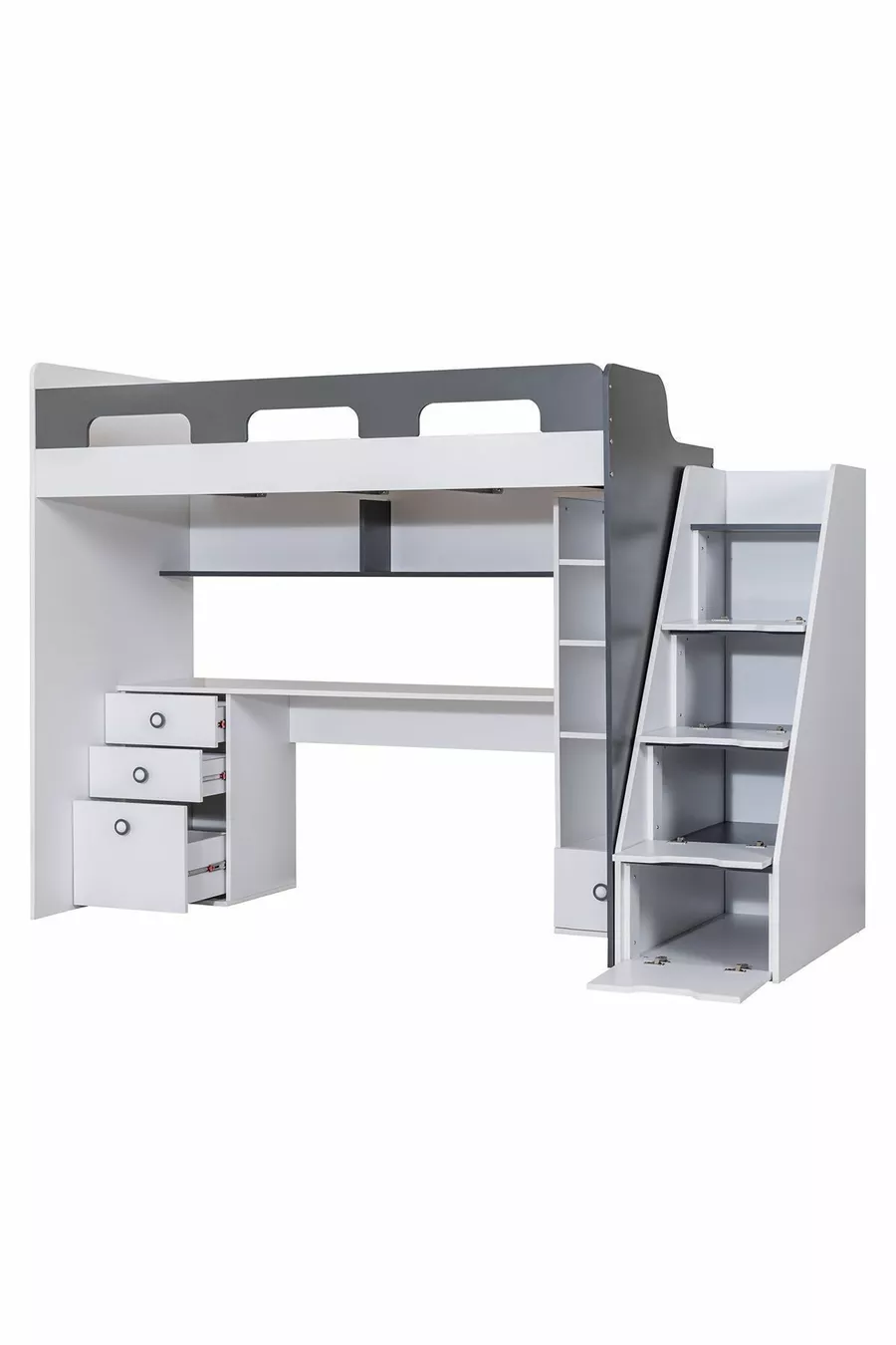 Lit superposé, bureau et bibliothèque Troya - Anthracite, 1 matelas Confort