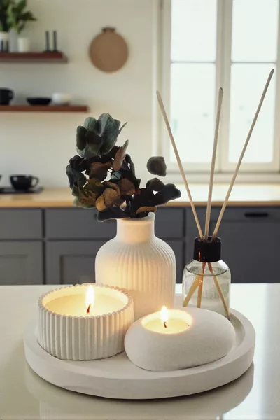 5-Piece Gift Set on Decorative Tray: Vase, Scented Candle, Tealight Candle Holder, Room Fragrance