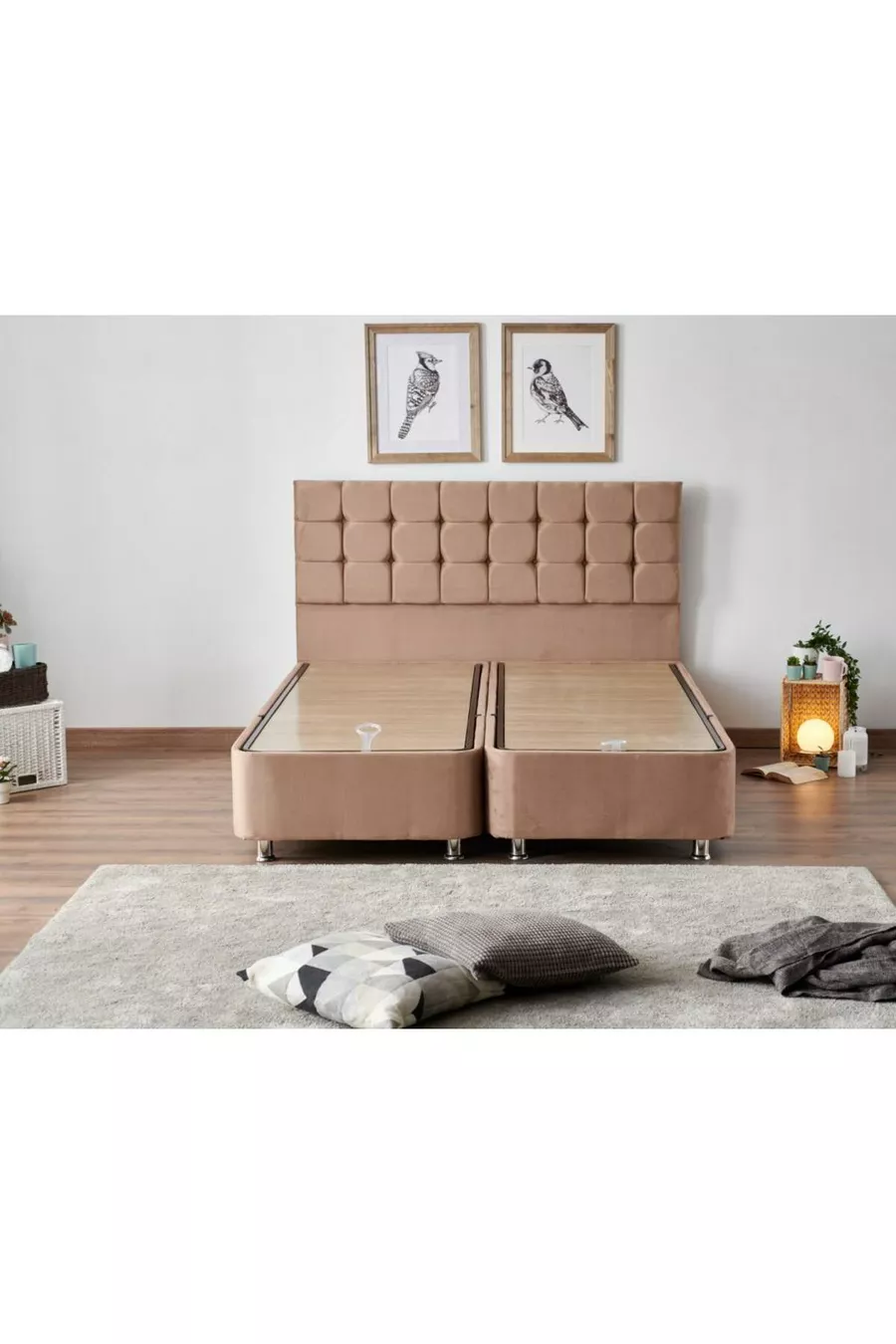 W. Cotton Cm Double Bed Mattress Base Headboard Set - Fabric Base, Headboard, and Bed Set