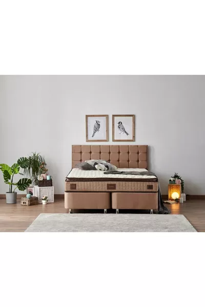 W. Cotton Cm Double Bed with Padded Mattress, Base, and Headboard Set - Fabric Base, Headboard, and Bed Set