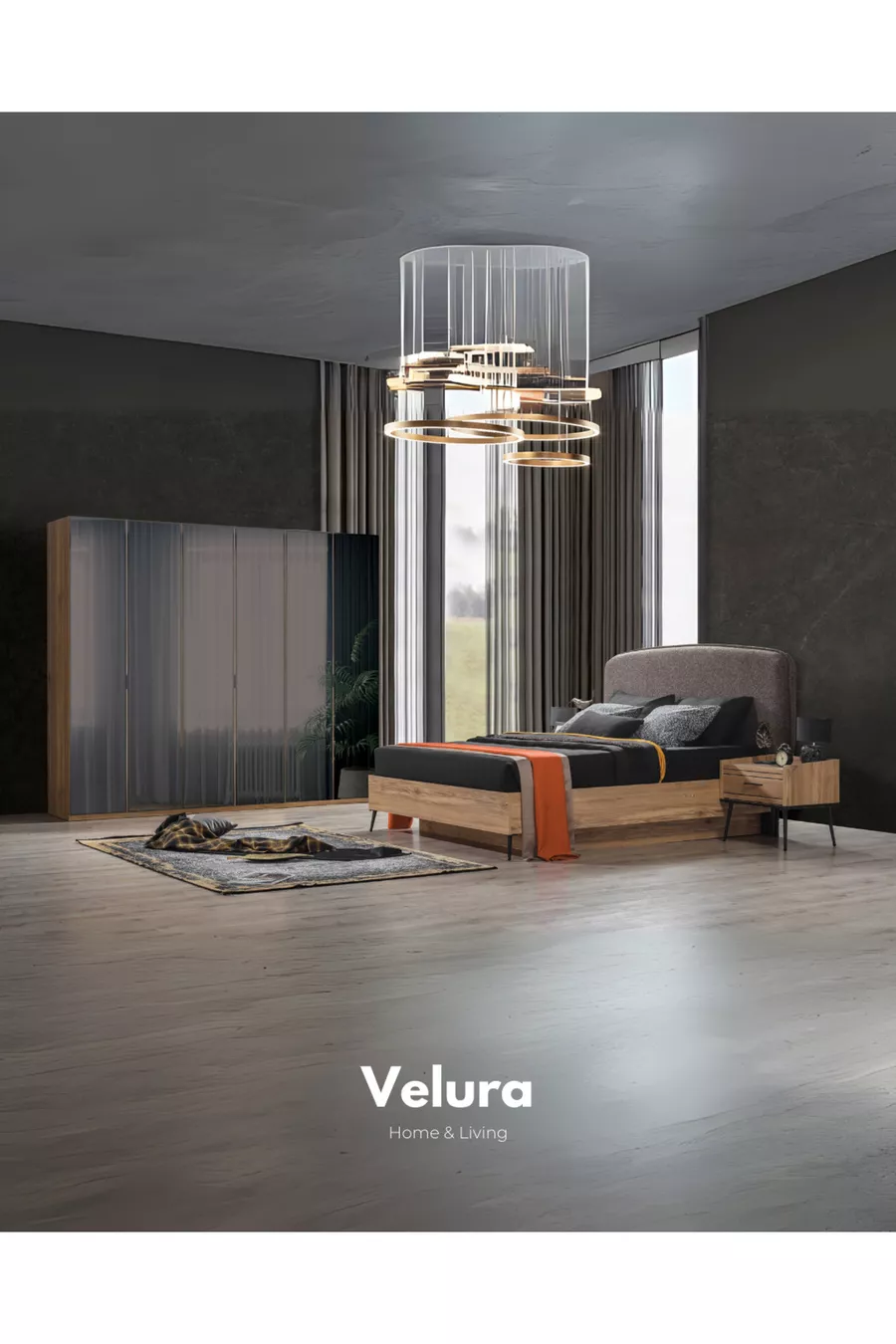 Ensemble de chambre à coucher İzgi (Armoire à 6 portes vitrées + Commode + Table de chevet + Lit)