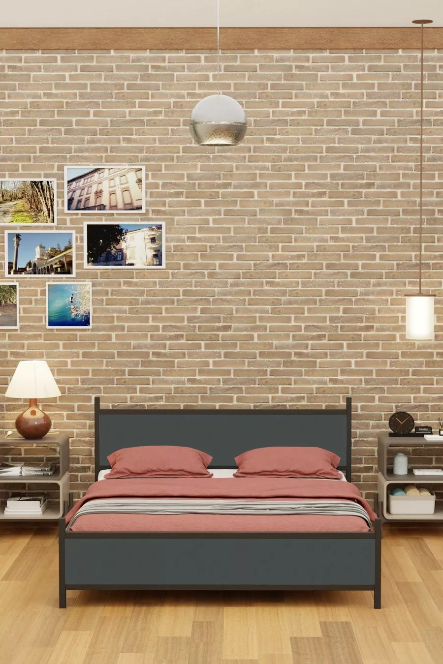 Letto Matrimoniale Moderno in Legno e Metallo Nero Antracite Grigio