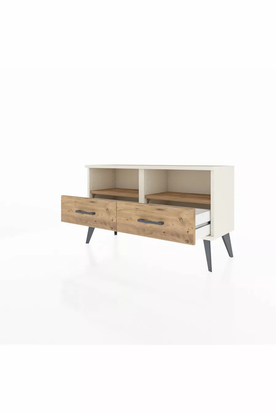 Commode Arges avec 2 étagères et 2 tiroirs, couleur Pierre de Lune-Pin