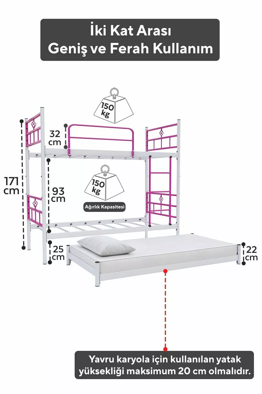 Koza Etagenbett mit Bettfunktion für 3 Personen, Dunkelrosa Metallbett