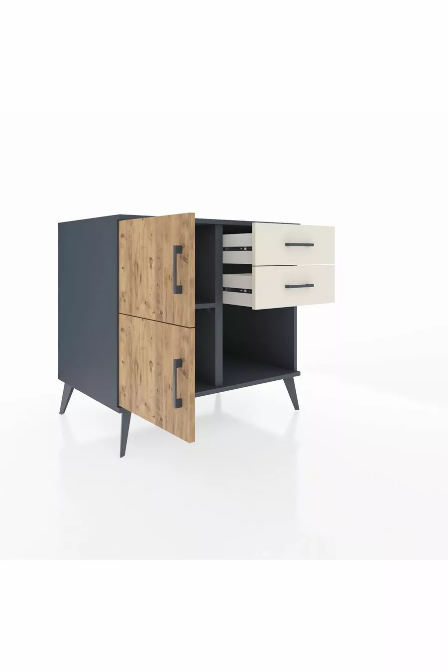 Commode Kronos à une étagère, 2 tiroirs, 2 portes Anthracite-Sapin/Pierre de lune