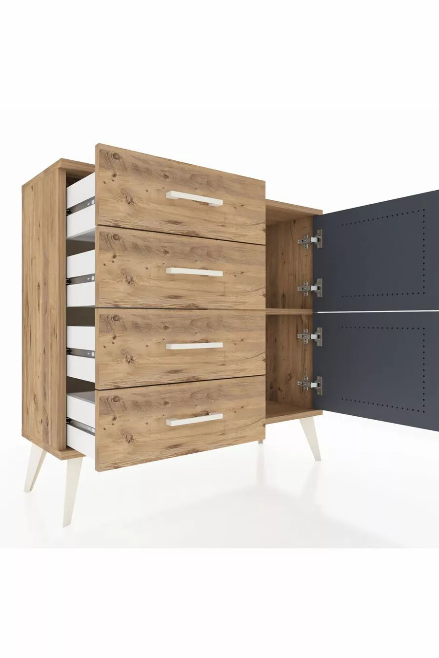 Commode Arges avec une seule étagère, 4 tiroirs et 2 portes, Pin-Anthracite/Pin