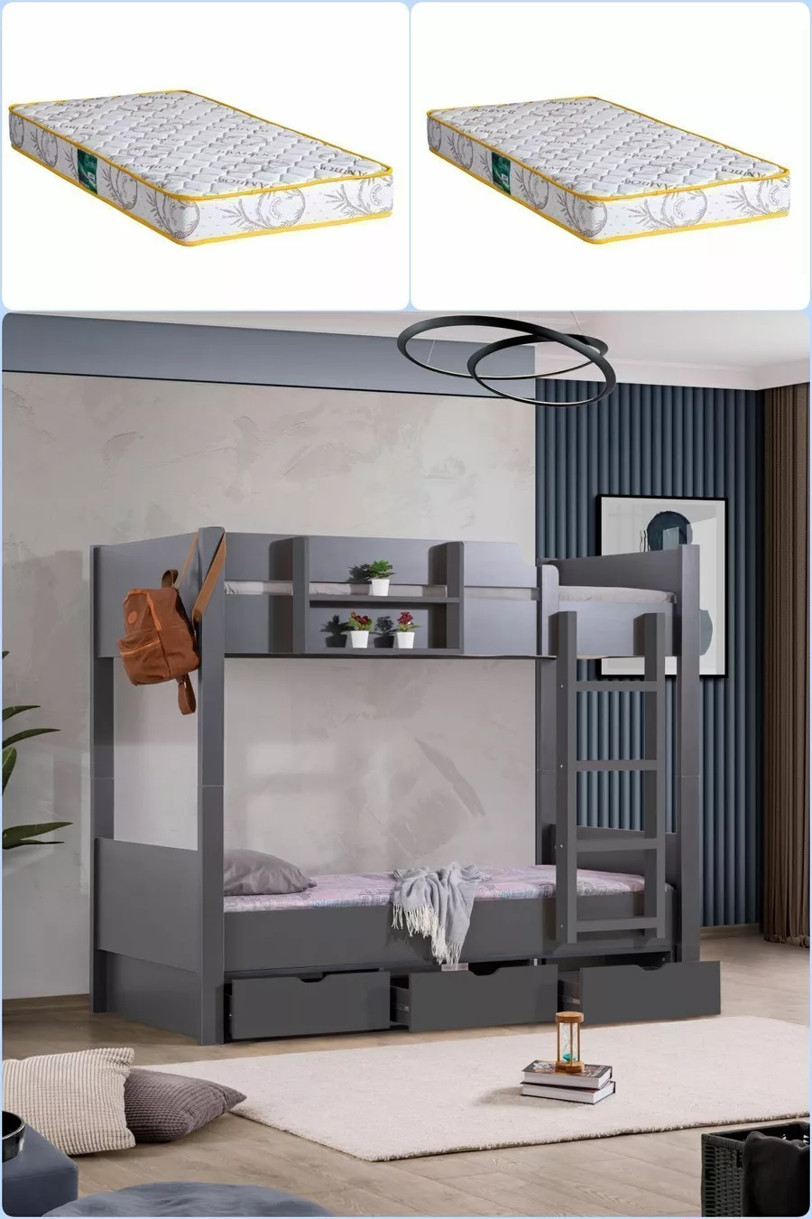 Ranza, Letto a castello con cassetti separabili in stile asiatico 2 Materassi Comfort