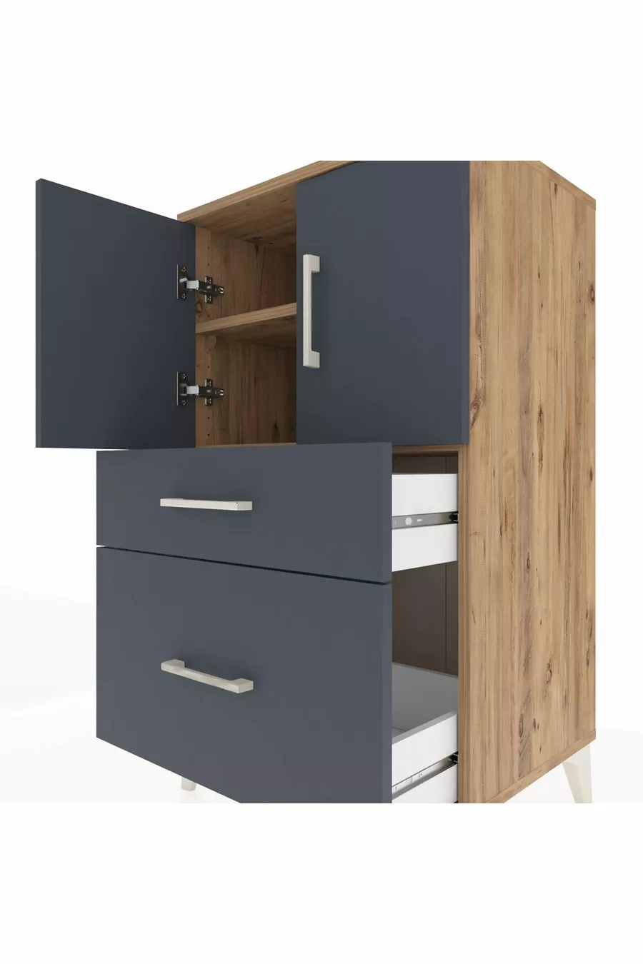 Commode Hyperion à 2 étagères, 2 tiroirs, 2 portes, Pins-Anthracite