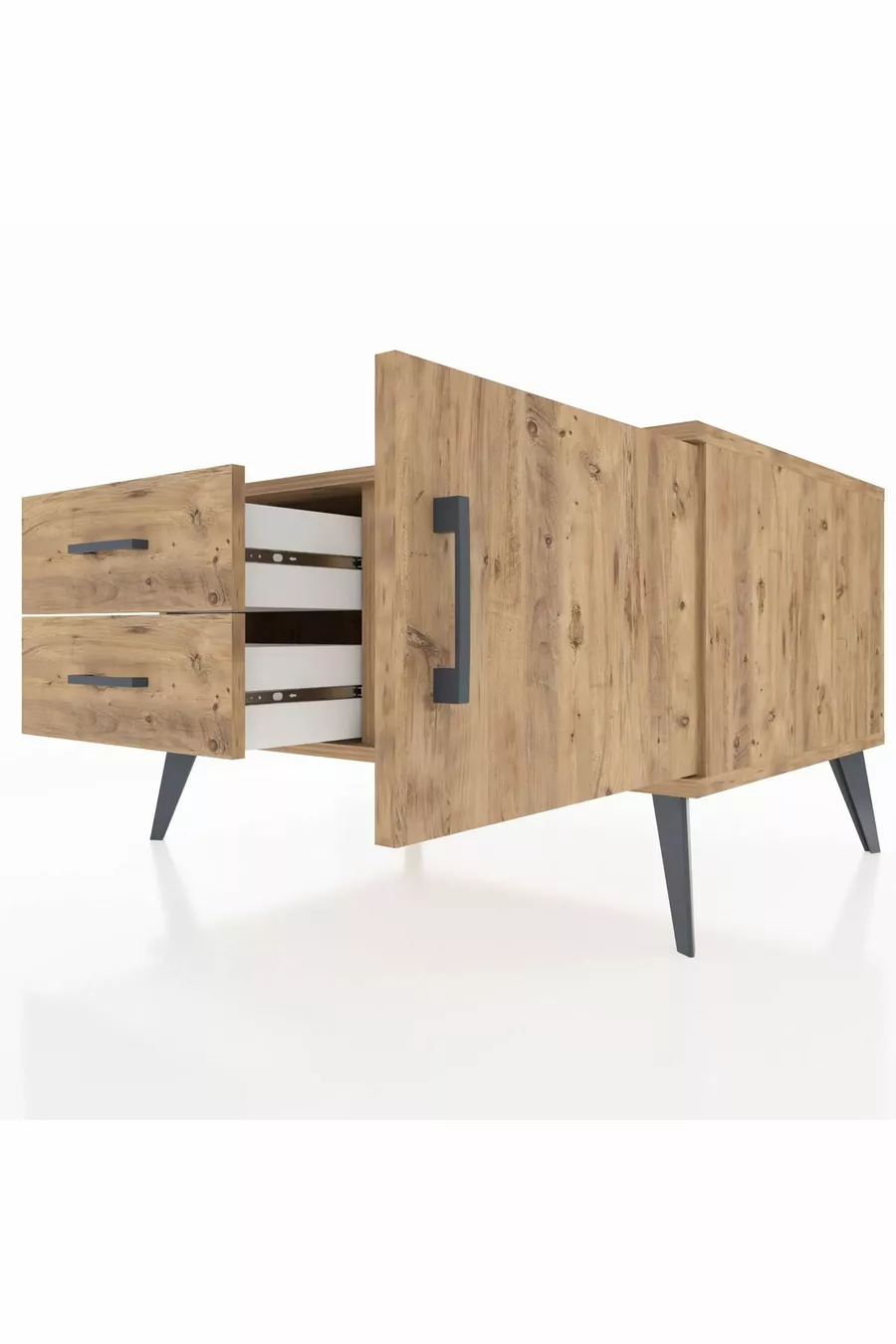 Commode Kronos avec une étagère, 2 tiroirs et une porte, pin-pin