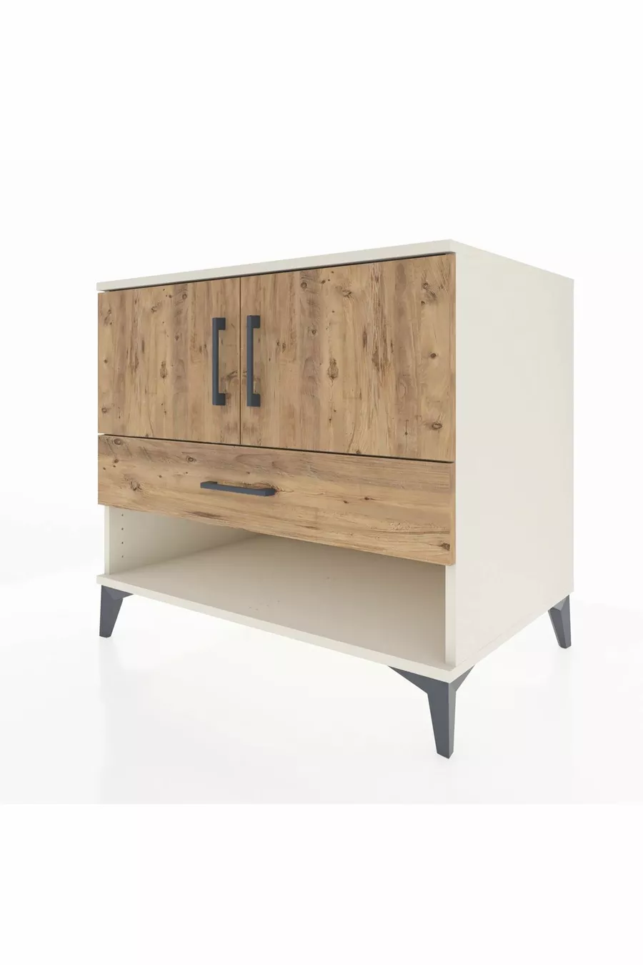 Commode Kronos avec 2 étagères, 1 tiroir et 2 portes, Pierre de Lune-Sapin