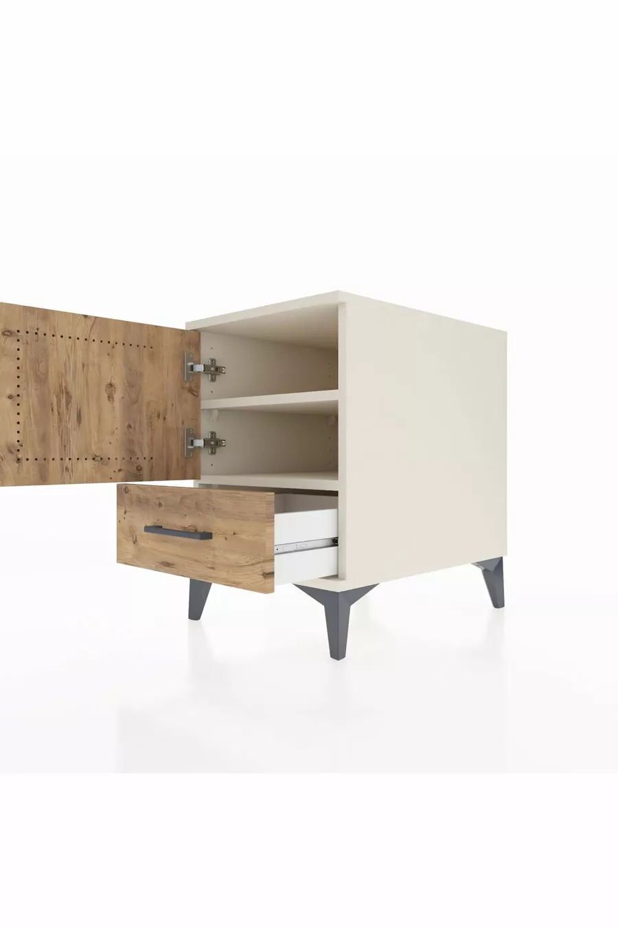 Kronos Table de chevet avec 2 étagères, 1 tiroir et 1 porte, Pierre de Lune-Pin