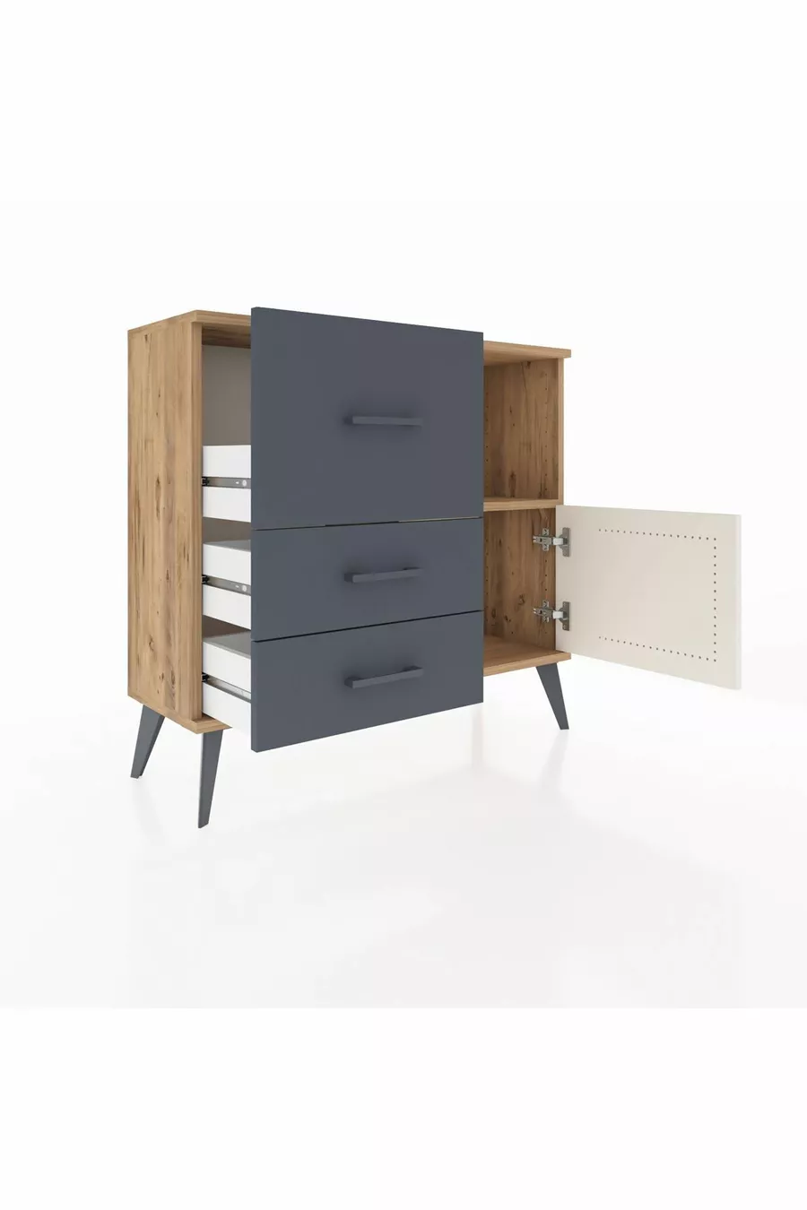 Arges Kommode mit einem Regal, 3 Schubladen und einer Tür, Kiefer-Marmor/Anthrazit