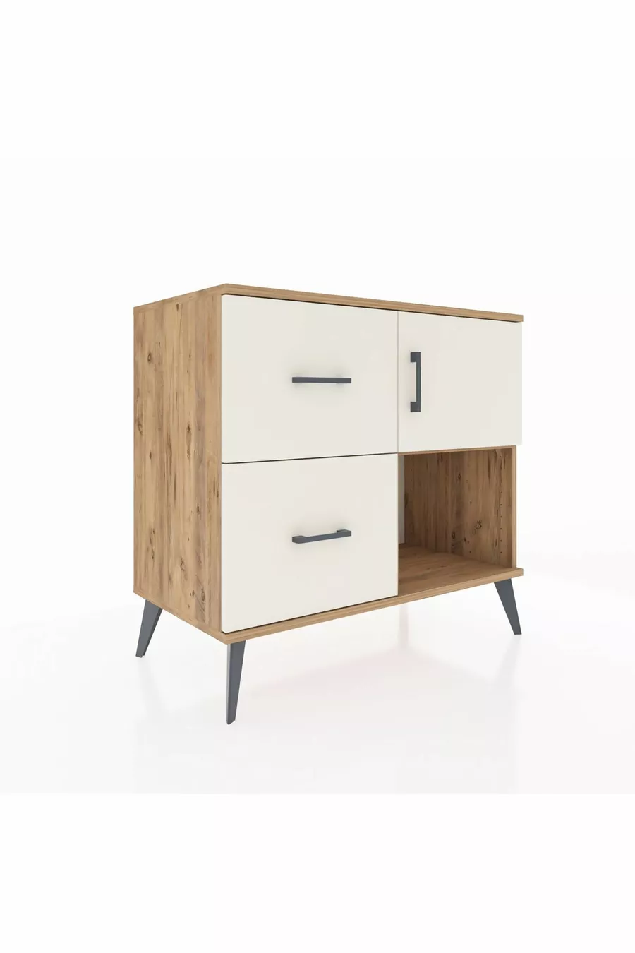Commode Hyperion à une étagère, 2 tiroirs et une porte, pin et pierre de l'ayat
