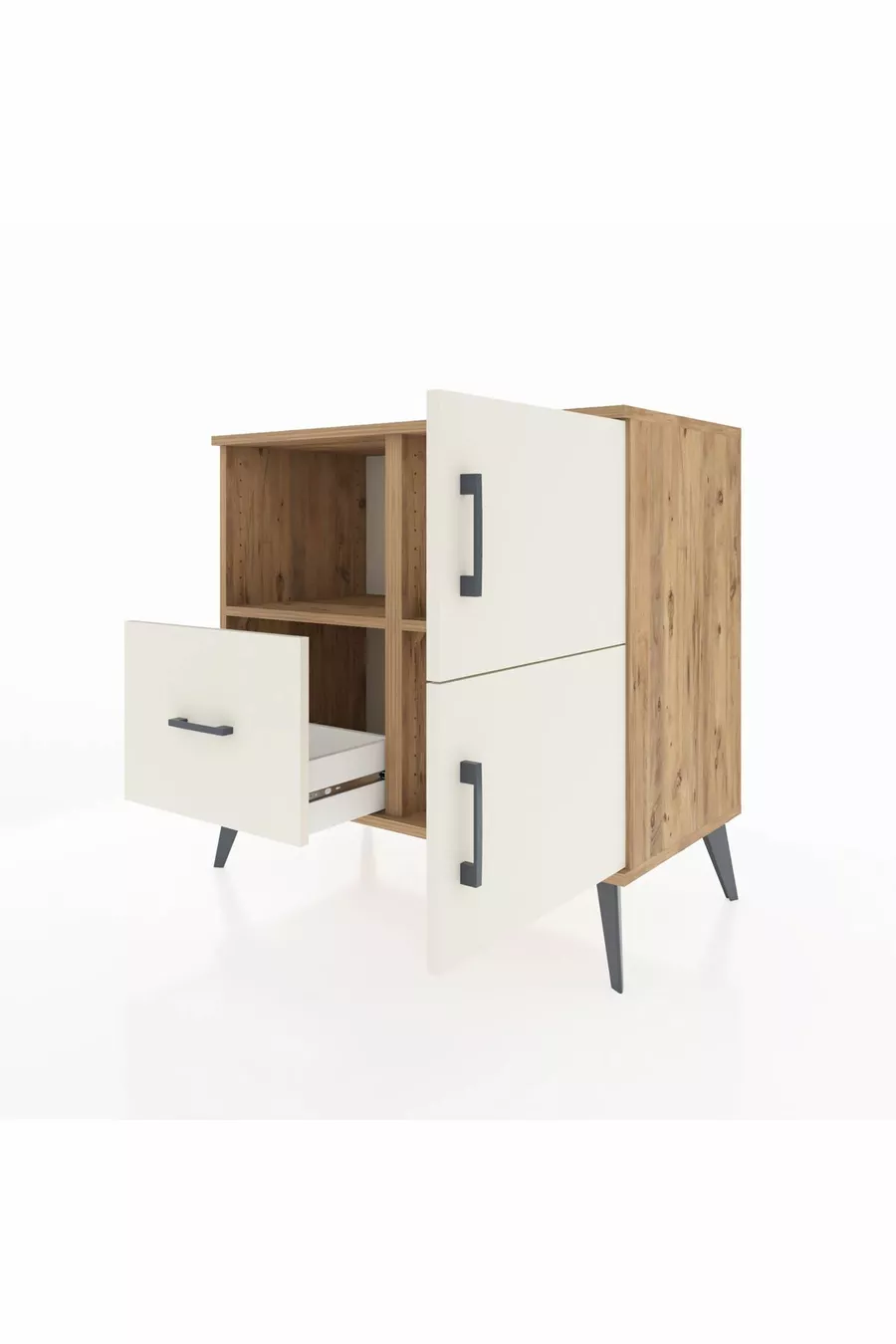 Commode Hyperion avec 2 étagères, 1 tiroir et 2 portes, en pin-pierre d'ardoise