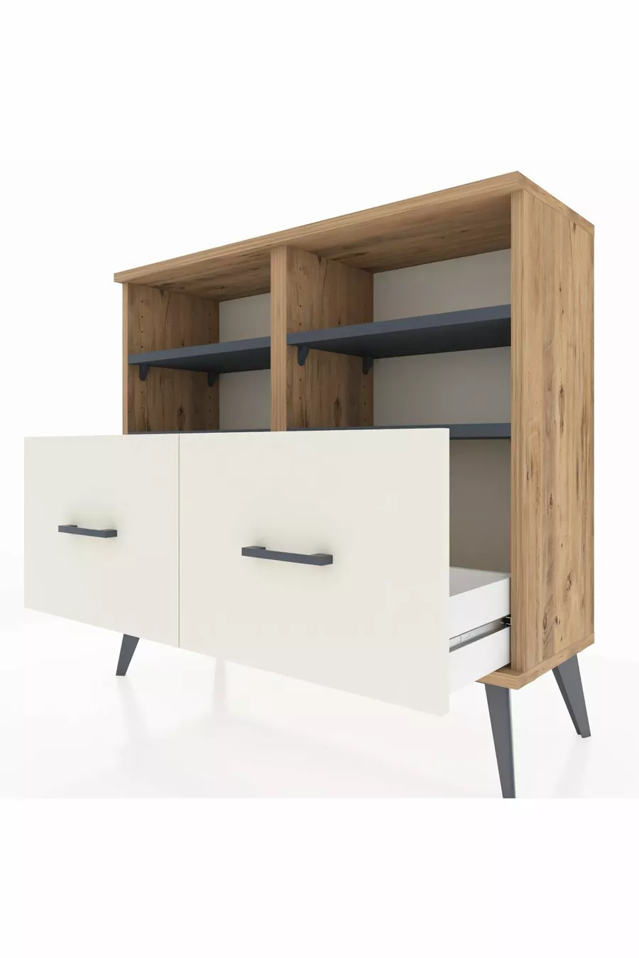 Commode Arges 4 étagères 2 tiroirs Pin-Anthracite/Gris pierre