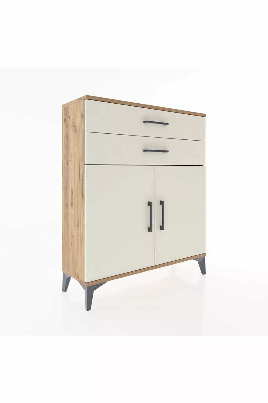 Commode Arges avec 2 étagères, 2 tiroirs et 2 portes, pin-pierre d'ardoise