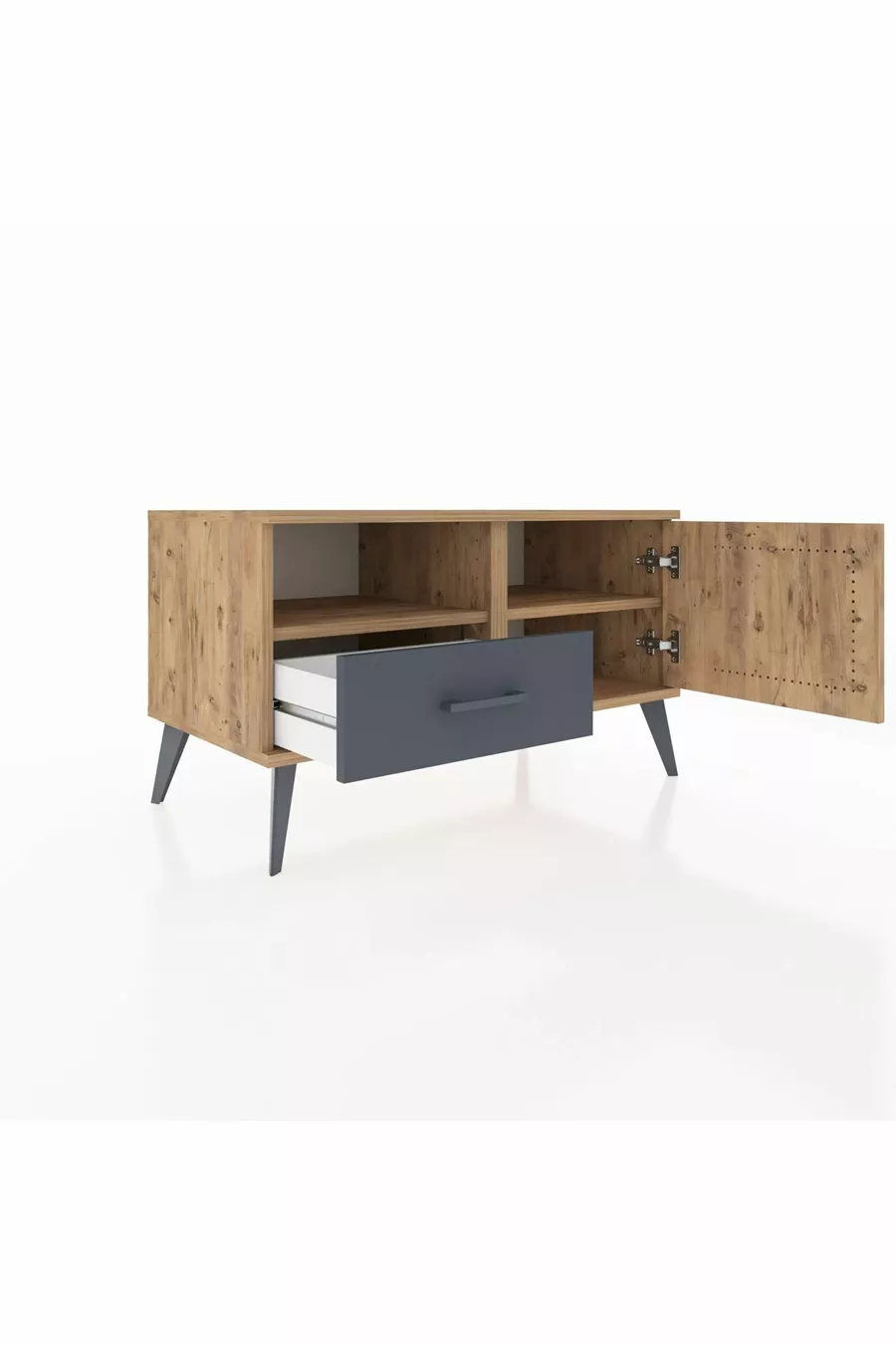 Commode Hyperion avec 2 étagères, 1 tiroir et 1 porte, Pin-Pin/Anthracite