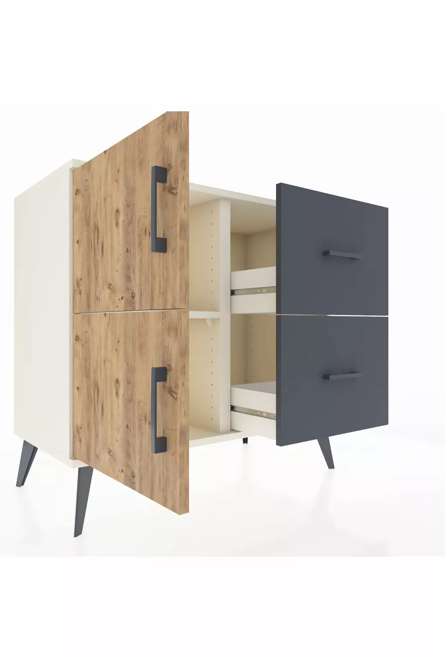 Commode Hyperion à une étagère, 2 tiroirs, 2 portes, Pierre de Lune-Pin/Anthracite