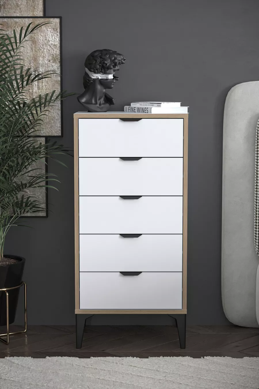 Commode Arden 5 tiroirs, panier à linge