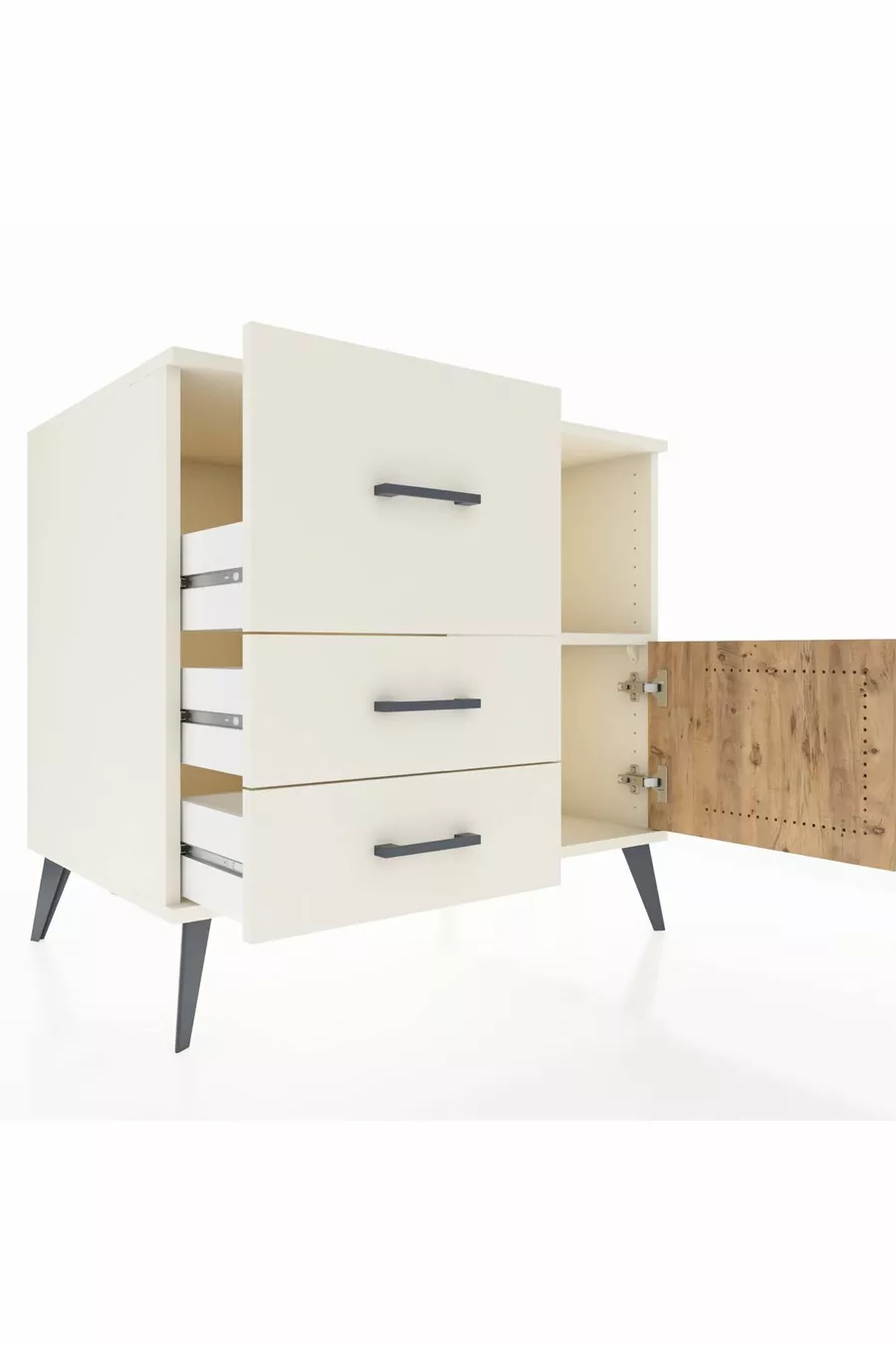 Commode Kronos à une étagère, 3 tiroirs et une porte, Pierre de Lune-Sapin/Pierre de Lune