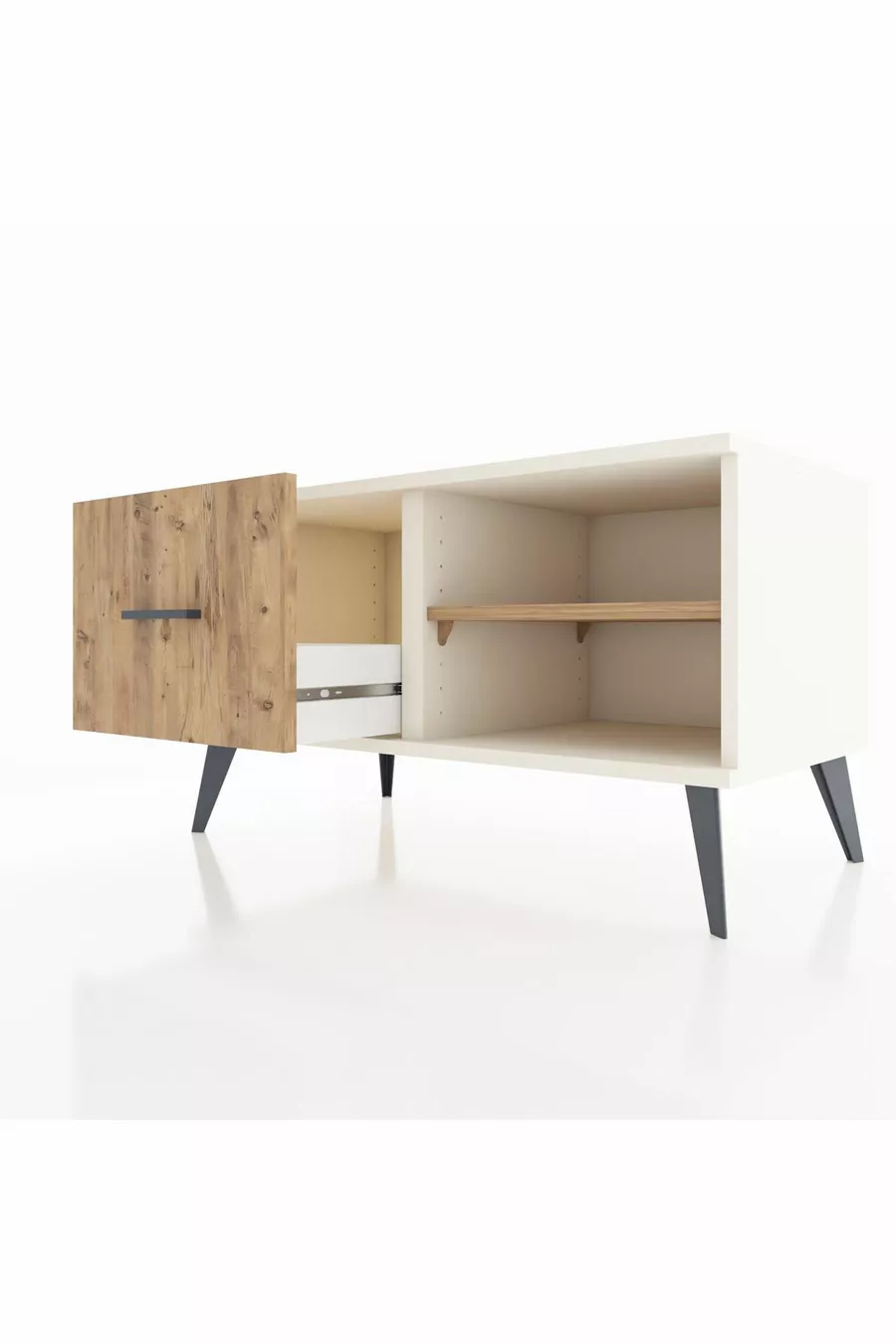 Commode Hyperion à une étagère et un tiroir, Pierre de lune-Pin