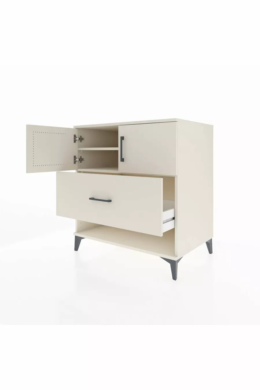 Commode Kronos avec 2 étagères, 1 tiroir et 2 portes, Pierre de Lune-Pier de Lune